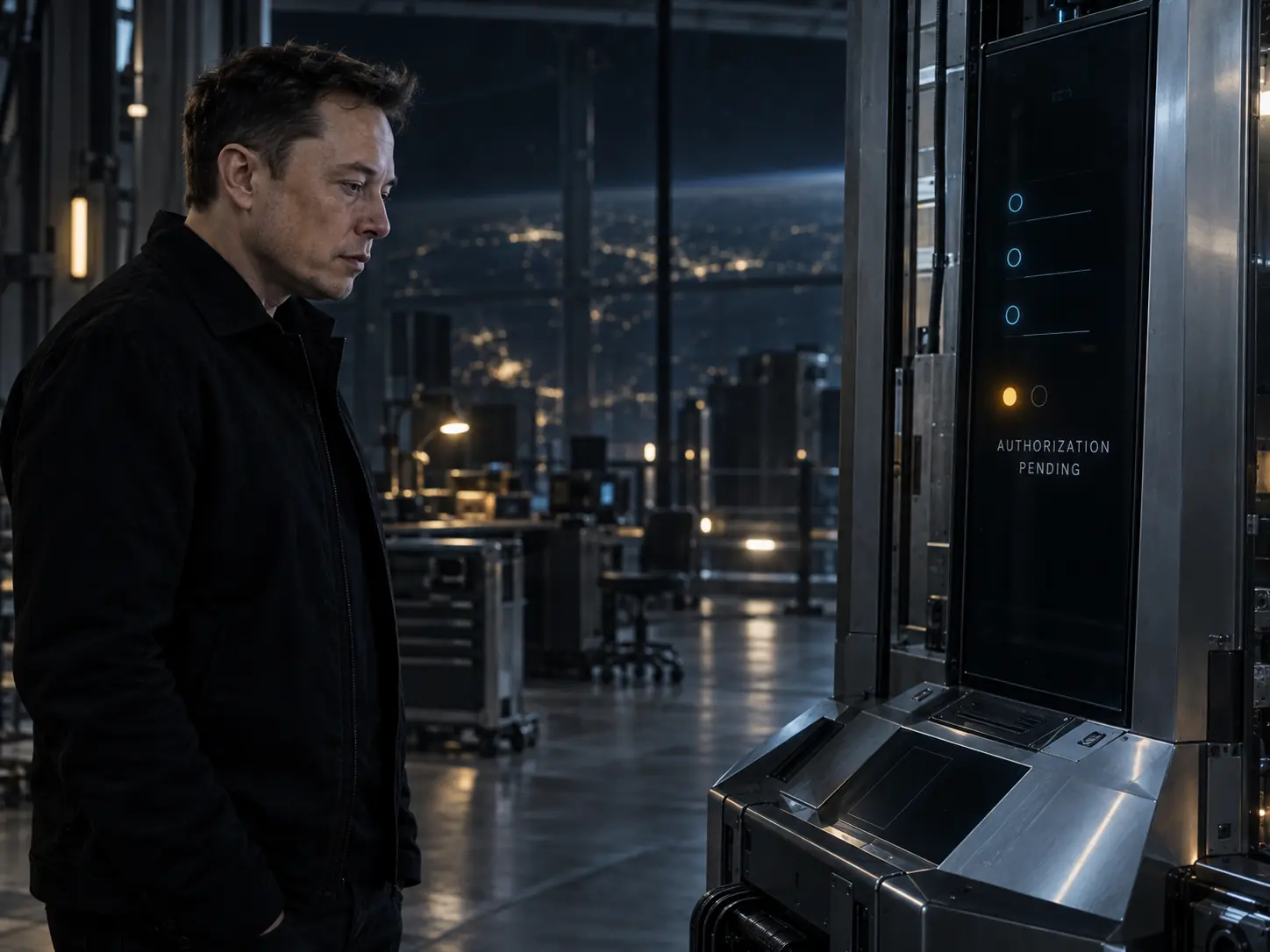 X stands with his hands withdrawn from a return-system console displaying Authorization Pending.
