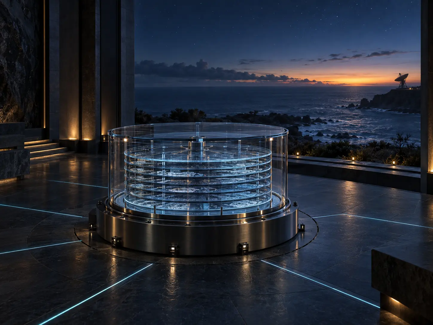 An illuminated archive vault anchored in a coastal observatory on Earth, with a dormant radio dish on the headland.