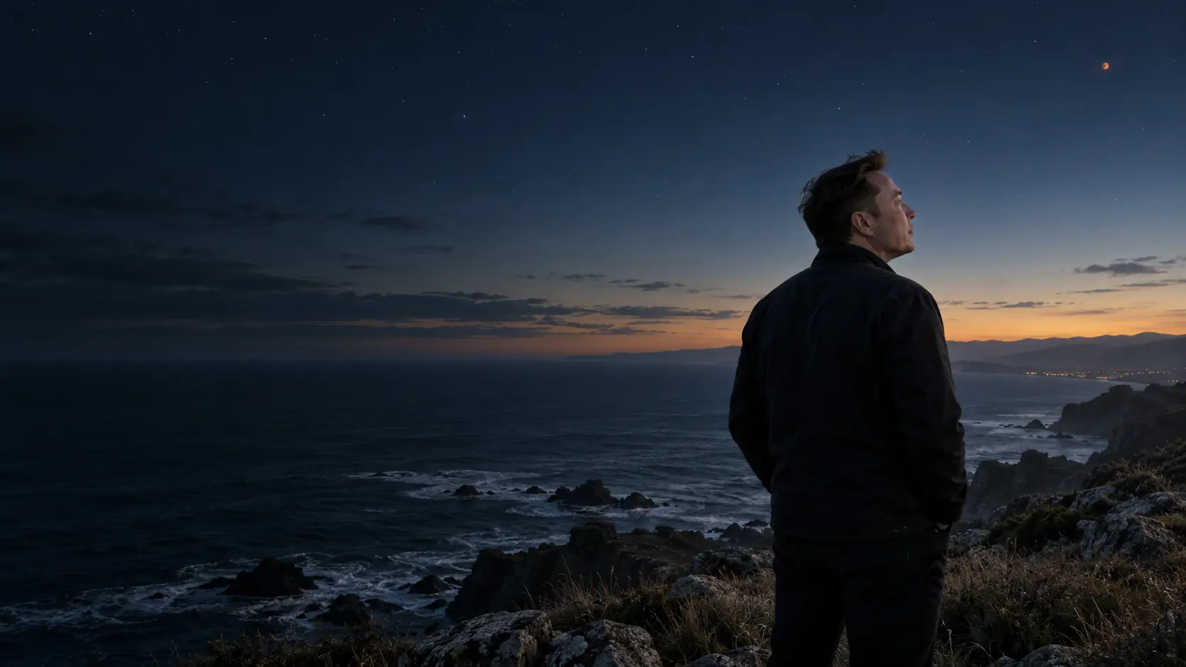 X remains on Earth's coast, looking toward the small, distant red light of Mars above the ocean.