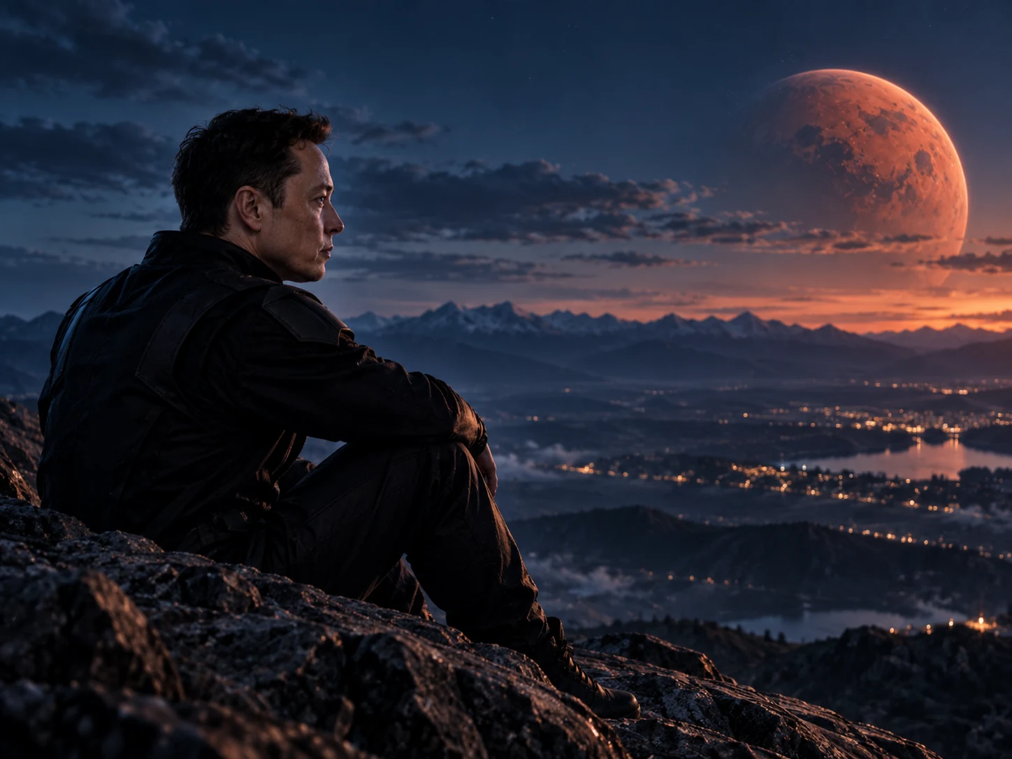 X looking toward a distant red world from a rocky overlook on Earth.