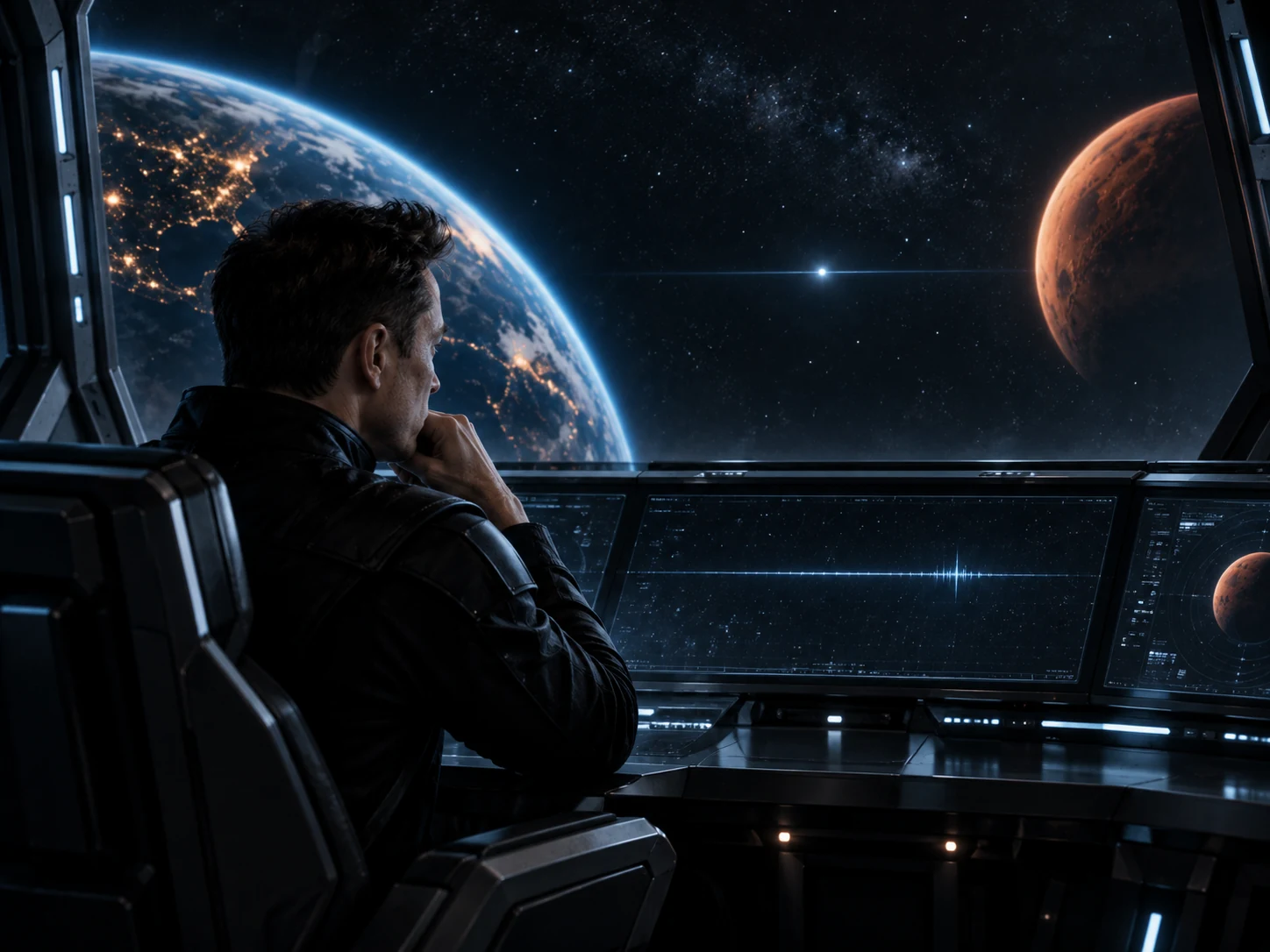 X watching Earth and a distant red planet through a spacecraft window.