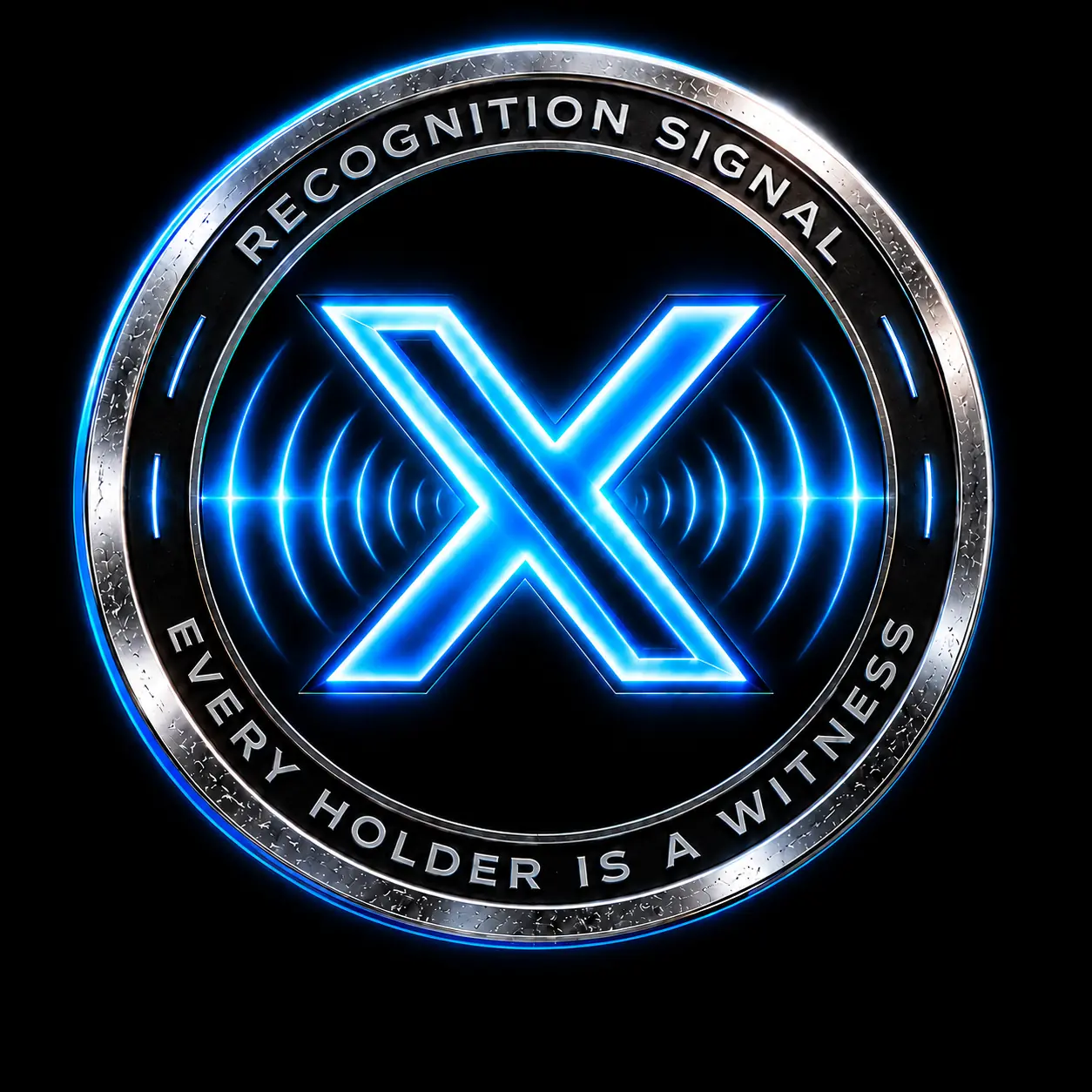 The official silver-rimmed marker: an icy-blue X and signal arcs in a black void, with Recognition Signal above and Every Holder Is a Witness below.